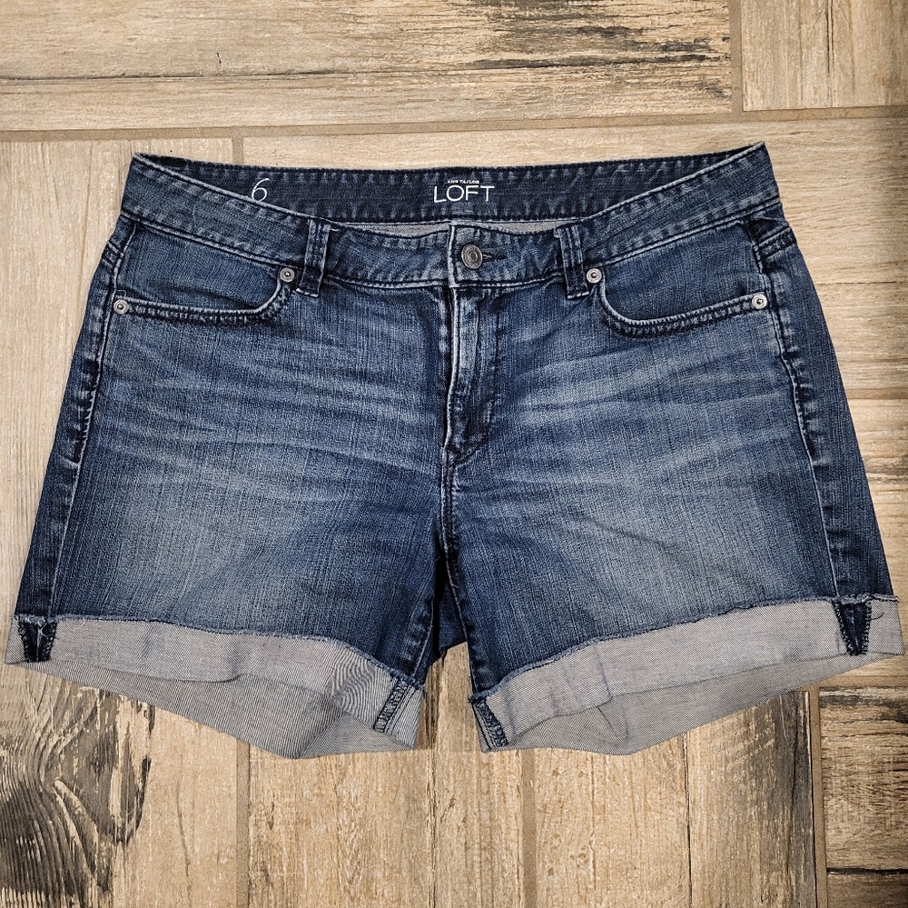 LOFT Blue Jean Shorts with Cuffed Hem and Faded Wash